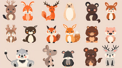 A set of cute cartoon animals. Vector flat images of animals for postcards, invitations, textiles, thermal printing