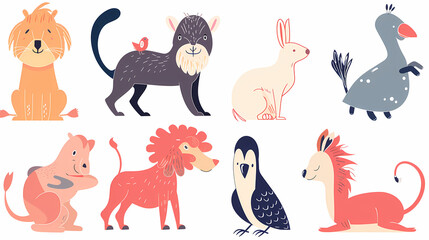 Naklejka premium A set of cute cartoon animals. Vector flat images of animals for postcards, invitations, textiles, thermal printing