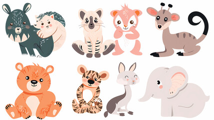A set of cute cartoon animals. Vector flat images of animals for postcards, invitations, textiles, thermal printing