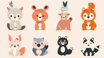 A set of cute cartoon animals. Vector flat images of animals for postcards, invitations, textiles, thermal printing