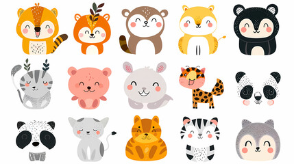 A set of cute cartoon animals. Vector flat images of animals for postcards, invitations, textiles, thermal printing