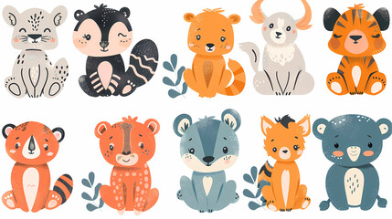 A set of cute cartoon animals. Vector flat images of animals for postcards, invitations, textiles, thermal printing