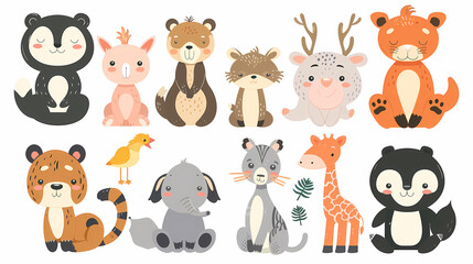 A set of cute cartoon animals. Vector flat images of animals for postcards, invitations, textiles, thermal printing