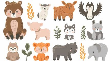 Obraz premium A set of cute cartoon animals. Vector flat images of animals for postcards, invitations, textiles, thermal printing