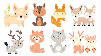 A set of cute cartoon animals. Vector flat images of animals for postcards, invitations, textiles, thermal printing