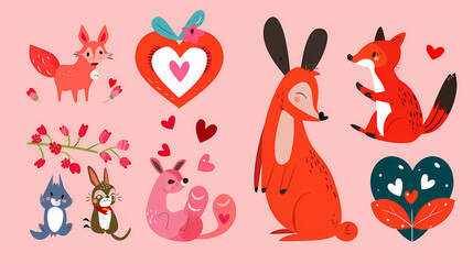 Obraz premium Funny Animal in Love Feel Passion at Valentine Day ,A set of cute cartoon animals. Vector flat images of animals for postcards, invitations, textiles, thermal printing
