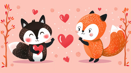 Funny Animal in Love Feel Passion at Valentine Day ,A set of cute cartoon animals. Vector flat images of animals for postcards, invitations, textiles, thermal printing