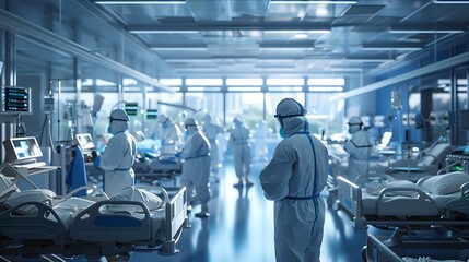 Dedicated healthcare professionals providing critical care in a bustling hospital ward equipped with advanced medical technology