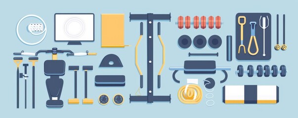 Home exercise equipment flat design top view technology theme animation Splitcomplementary color scheme