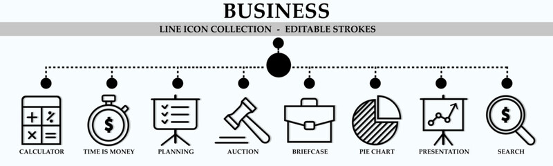 Business line icon collection. Containing icons of calculator, presentation, pie chart, search, auction and more. Linear icon collection. Editable stroke. Vector illustration