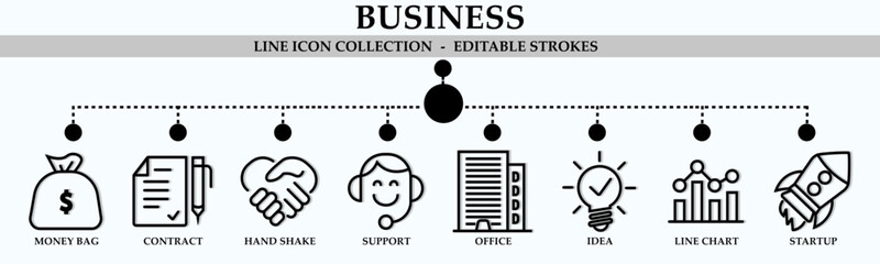 Business line icon collection. Containing icons of money bag, contract, idea, startup, line chart and more. Linear icon collection. Editable stroke. Vector illustration