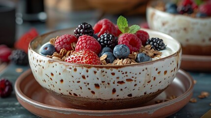 A bowl of yogurt with homemade granola and fresh berries..illustration graphic