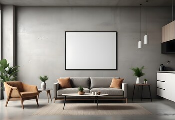 A stylish living room with modern furniture, a kitchen in the background,  and a blank poster on a concrete wall. 3D Rendering