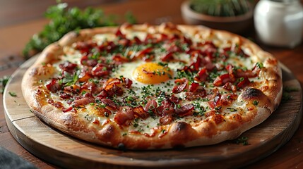 A plate of bacon and egg breakfast pizza..illustration graphic