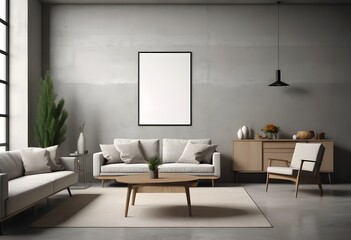 A stylish living room with modern furniture, a kitchen in the background,  and a blank poster on a concrete wall. 3D Rendering