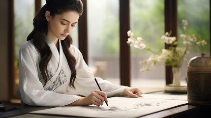 Elegant Chinese woman practicing calligraphy with focused precision