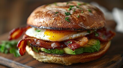 A breakfast sandwich with fried egg, avocado, and bacon on a brioche bun..stock image