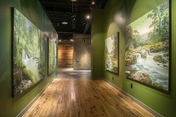 Tranquil artwork depicting natural scenes, blending seamlessly with green walls.