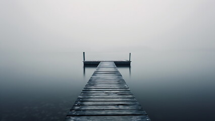 A wooden pier on a tranquil lake shrouded in mist