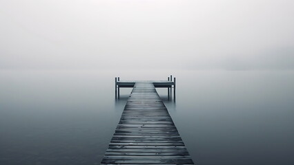 Fototapeta premium A wooden pier on a tranquil lake shrouded in mist