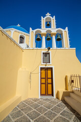 Beautiful sea view, white house, blue and white architecture, greek orthodox churche, Travel and...