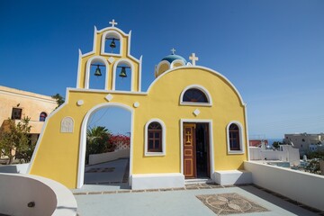 Beautiful sea view, white house, blue and white architecture, greek orthodox churche, Travel and...