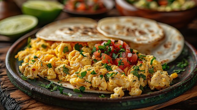 A plate of migas with scrambled eggs, tortillas, cheese, and salsa..illustration graphic