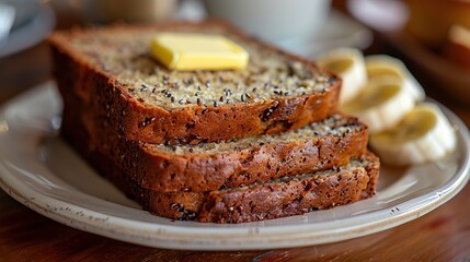 A slice of banana bread with a pat of butter..stock image
