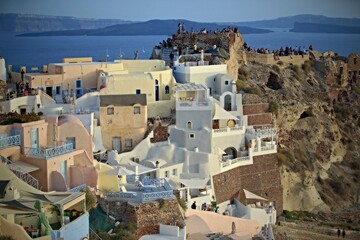 Beautiful sea view, white house, blue and white architecture, greek orthodox churche, Travel and summer vacacion, Architecture details in Santorini Greece, romantic seascape to the blue Aegean sea. 