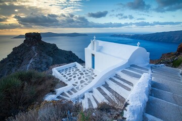 Beautiful sea view, white house, blue and white architecture, greek orthodox churche, Travel and...