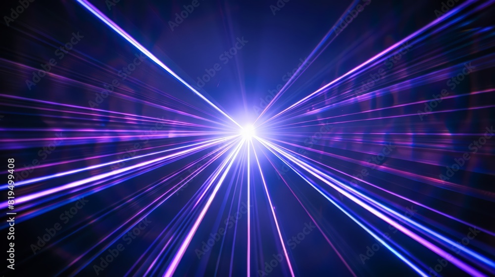 Poster blue and violet beams of bright laser light pierce through the black background, creating a stunning