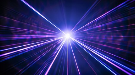 Blue and violet beams of bright laser light pierce through the black background, creating a stunning and dynamic visual display. 