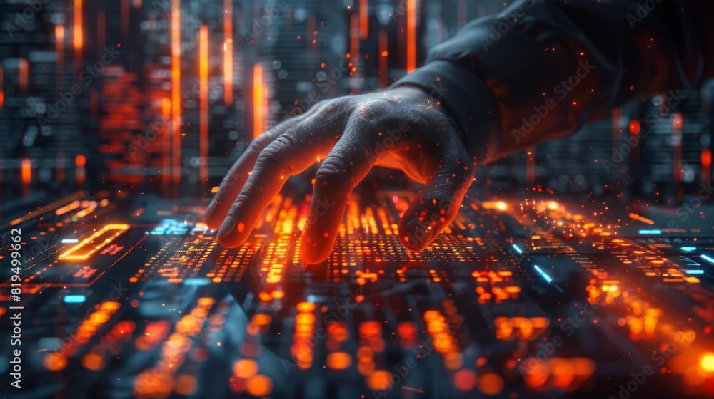 Poster close-up of a hand interacting with a futuristic virtual interface with glowing lights, symbolizing 