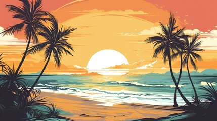 Obraz premium Scenic view of a tropical sunset with palm trees and the sun dipping below the horizon.