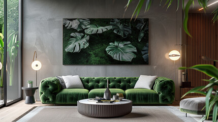 Modern living room with a velvet green sofa and contrasting white geometric pillows.