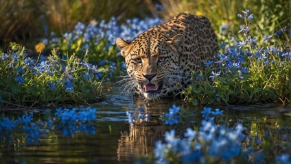 leopard in the water