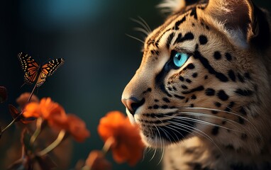 Close-up of a majestic leopard with mesmerizing blue eyes gazing at a butterfly, surrounded by soft orange flowers in a dreamy setting.