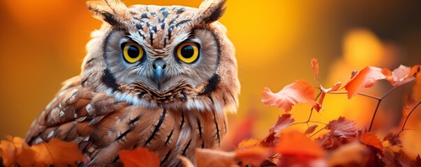 Close-up of a majestic owl with piercing eyes in an autumn forest, surrounded by vibrant orange leaves and a warm golden background.