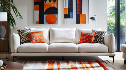 Modern living room with a white sofa and a single statement throw pillow with a bold pattern.