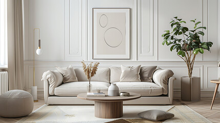 Circular coffee table on beige rug by comfy couch in room with traditional paneling and artwork. Modern Scandinavian home decor for living space. White background removed.