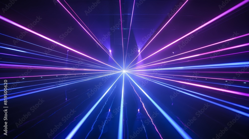 Poster bright beams of blue and violet laser light pierce the black background, creating a mesmerizing disp