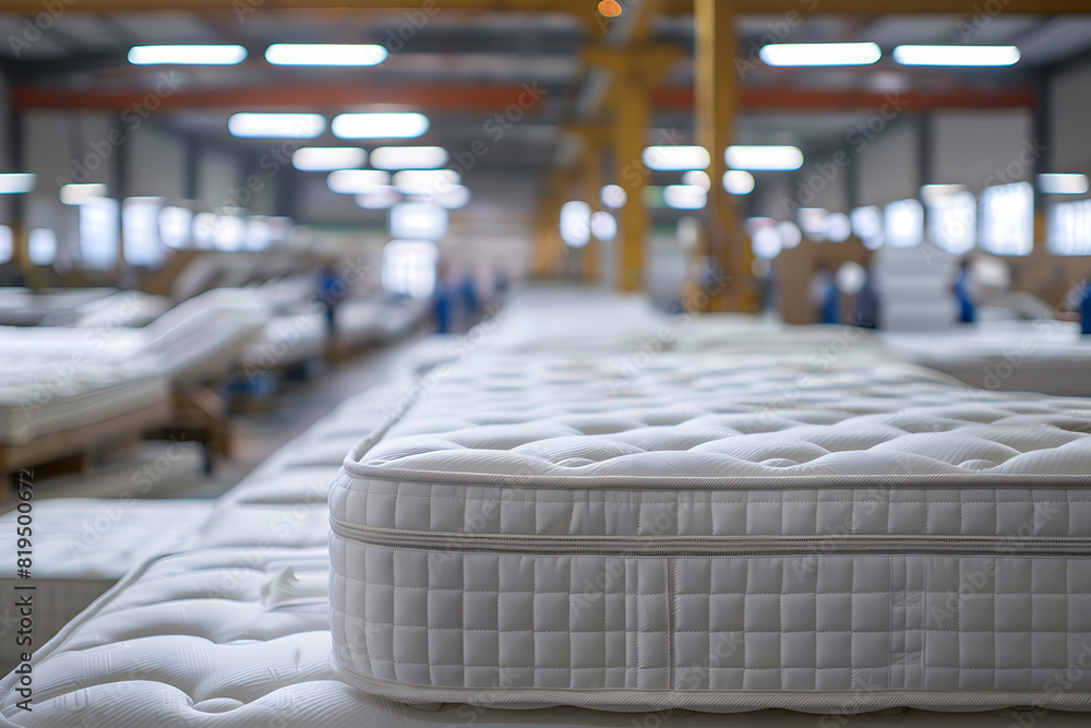 Poster close-up of white mattresses arranged in a large industrial factory setting with workers in the back