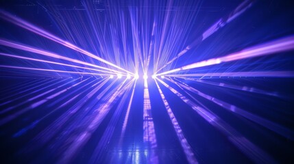 Blue and violet laser beams illuminate the black background, forming a striking and vivid light display. The beams' brilliance and the stark contrast with the dark backdrop create a captivating 