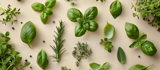 Assortment of Fresh French Herbs in Neutral Flat Lay Arrangement