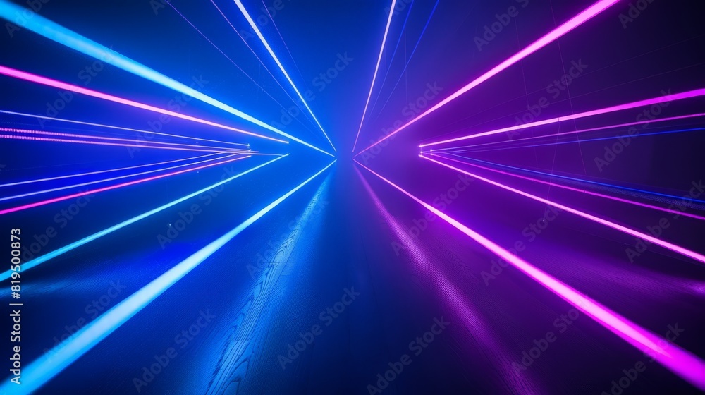 Poster bright beams of blue and violet laser light pierce the black background, creating a mesmerizing disp