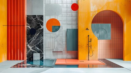Stylized Birds-Eye View of a Modern Safety Shower Collage with Bold Colors and Geometric Shapes description:This image depicts a stylized,minimalist