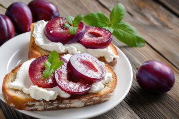A healthy sandwich with fruit an cream on the table.