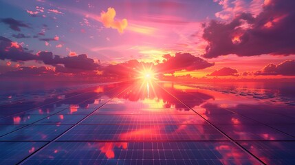 Vibrant Sunset Reflected in Symmetrical Solar Panel Array Landscape