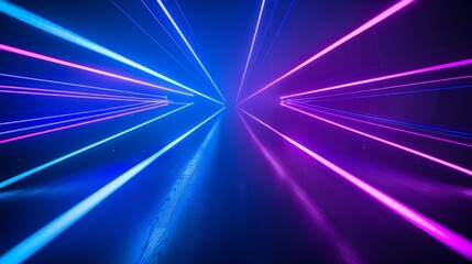 Bright beams of blue and violet laser light pierce the black background, creating a mesmerizing display of color and light. The sharp contrast between the lasers and the dark backdrop enhances 