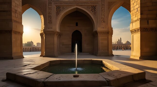 Ablution fountain in Ibn Tulun Mosque, popular place of visit of Cairo, wonderful sunset view, Egypt.generative.ai 